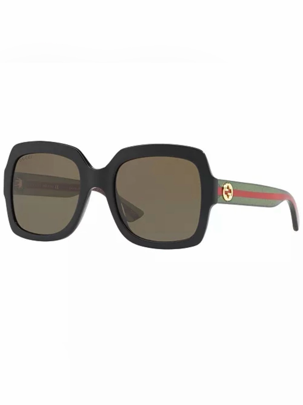 Gucci Black Square Sunglasses with Brown Lenses and Green-Red Stripe Temples